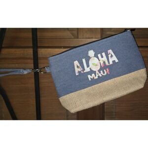 Aloha Maui Hawaii Denim Canvas Zippered  Wallet Coin Wristlet Purse EUC